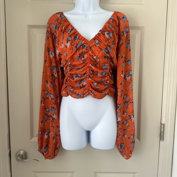 Free People Floral Blouse in Vibrant Orange - Picture 1 of 1